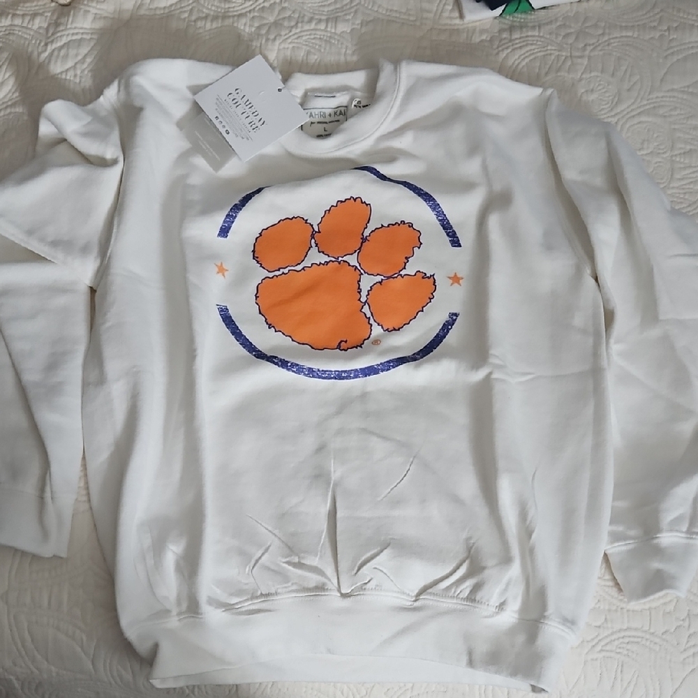 Clemson Tiger Girls Gameday Couture White Sweatshirt w/ Orange Paw Print Sz L